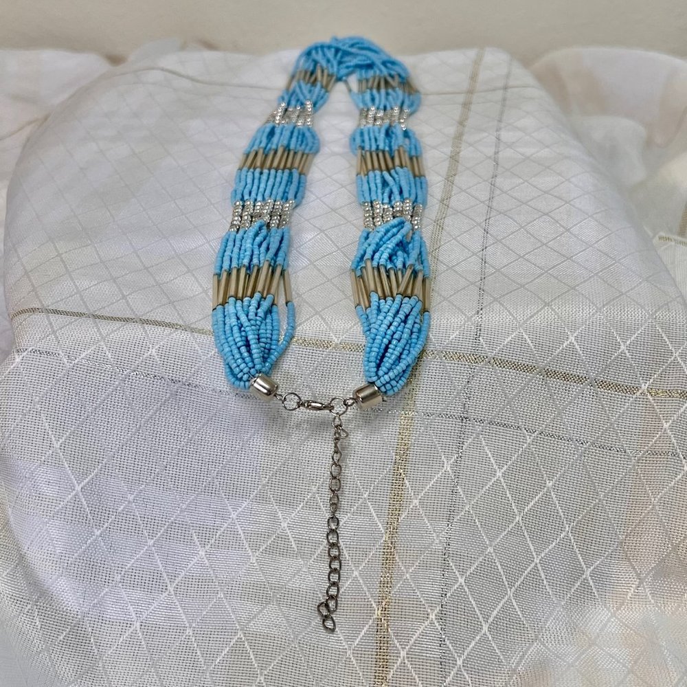 Vintage Native Blue Seed Bead Statement Necklace, Blue Beaded Necklace, Handmade - Picture 5 of 14